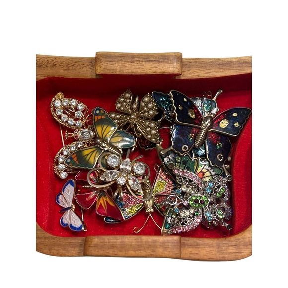 Butterfly Brooch Pin Jewelry Puzzle Wood Box Storage 14 Pieces Accessories - Picture 2 of 9